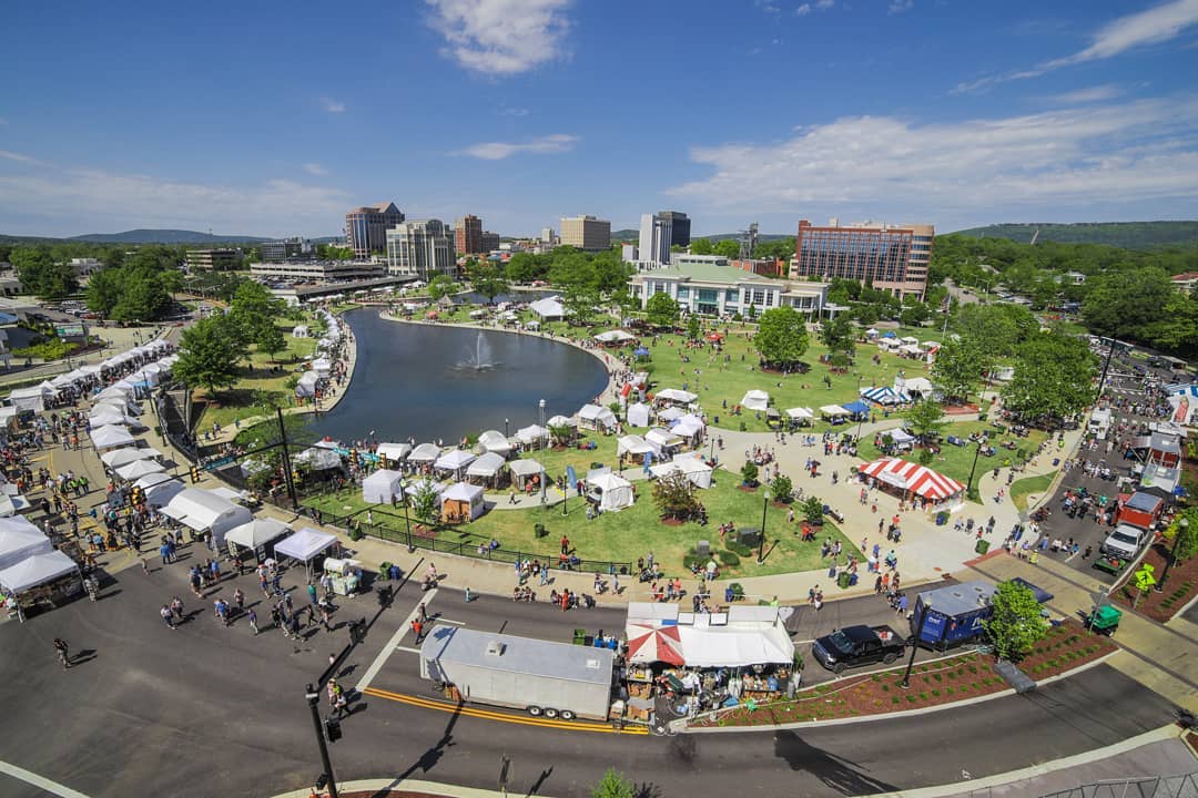 drone shot of the Panoply Art Festival showing tents and people below