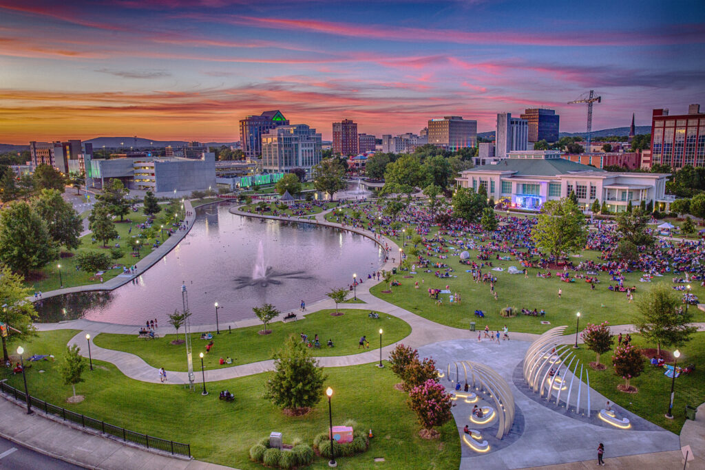 aerial view of Big Spring Park in Huntsville, AL during Concerts in the Park