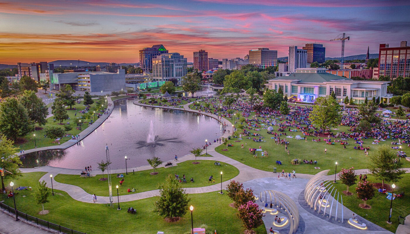 aerial view of Big Spring Park in Huntsville, AL during Concerts in the Park