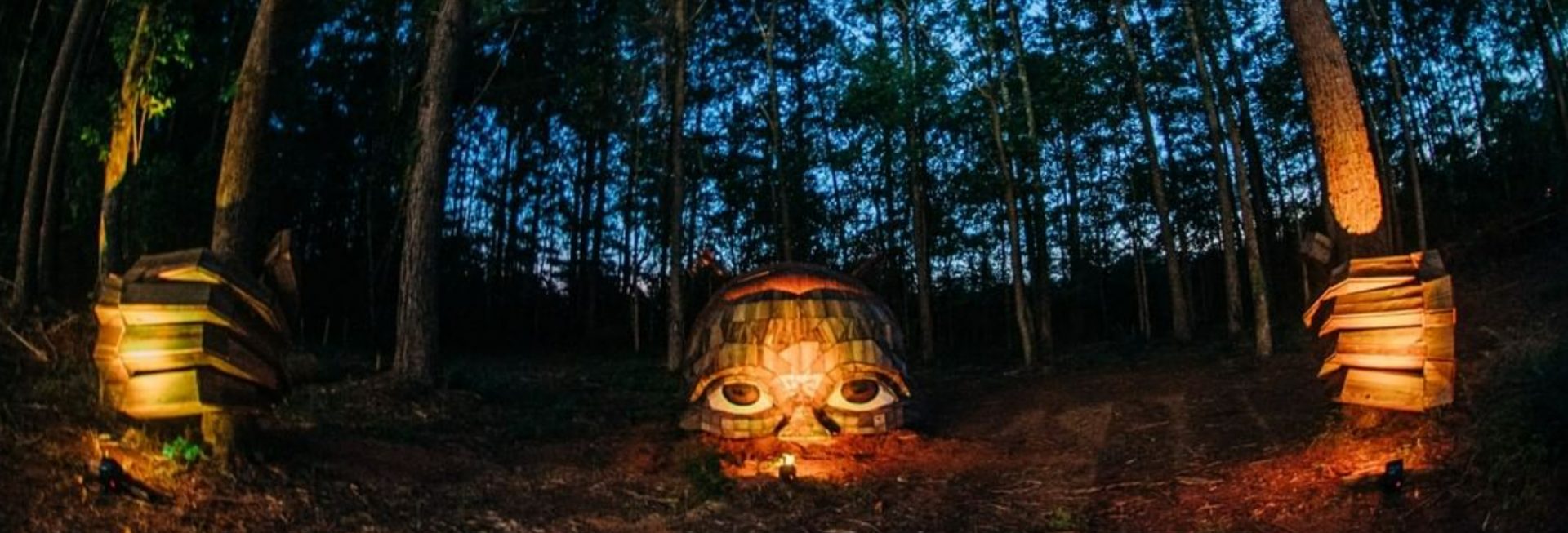 photo of giant young girl sculpture with her half buried face in the earth. Two giant hands grasp trees nearby.