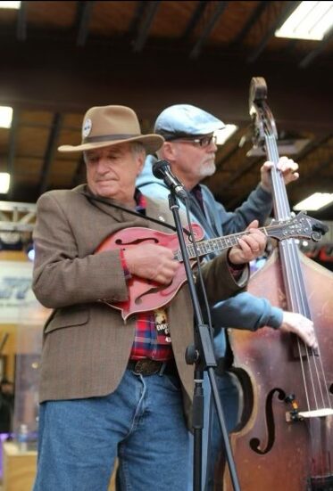 Mike Ball & Mike Shepard performing together playing mandolin and upright bass