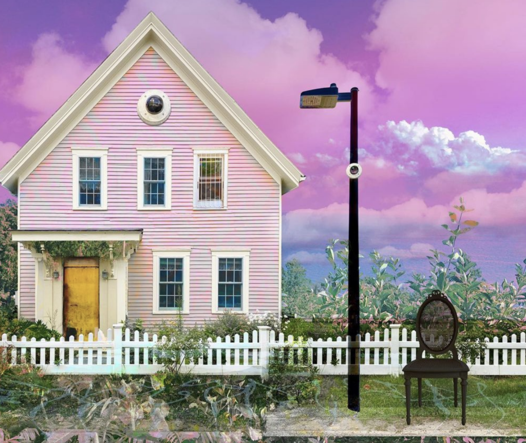 Digital mixed media of a pink house.