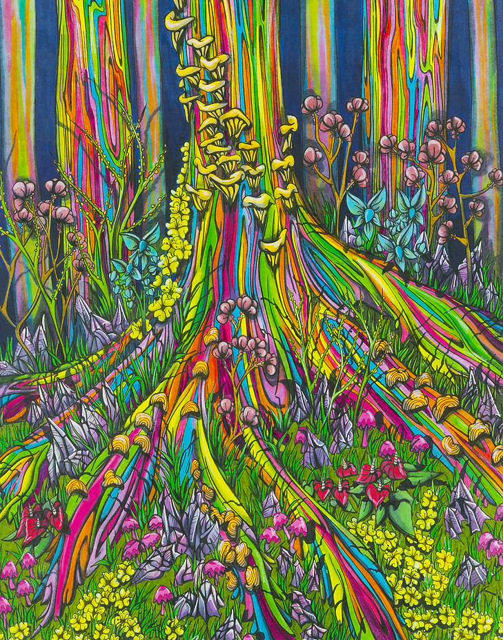 A marker illustration of a rainbow tree trunk.