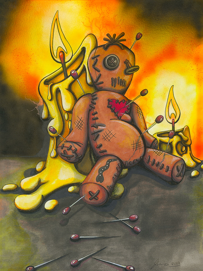A marker illustration of a voodoo doll and candles.