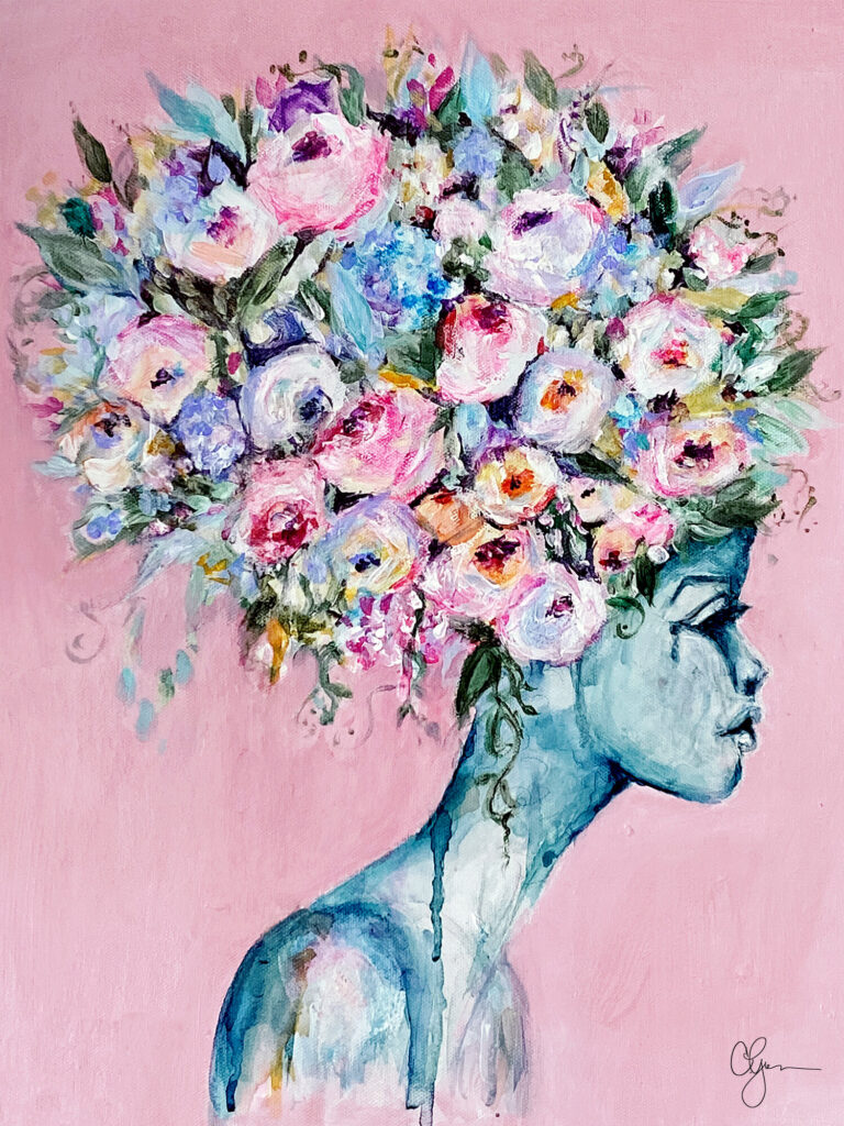 A painting of a woman with floral hair.