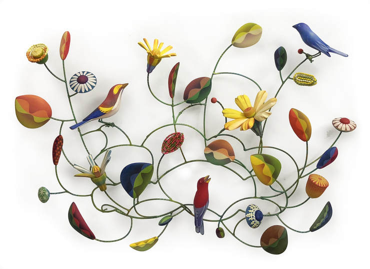 Colorful wooden birds and flowers on steel armatures.