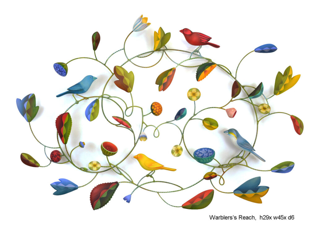 Colorful wooden birds and flowers on steel armatures.