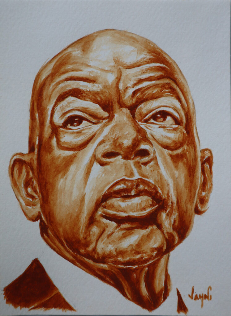 A red clay portrait of John Lewis.