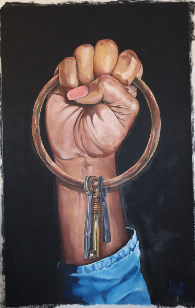 A painting of a fist holding a ring of keys.