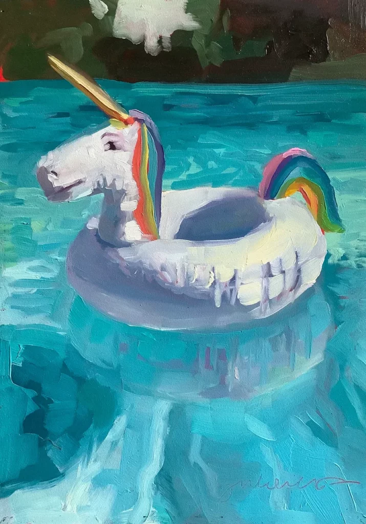 Oil painting of inflatable pool unicorn float.