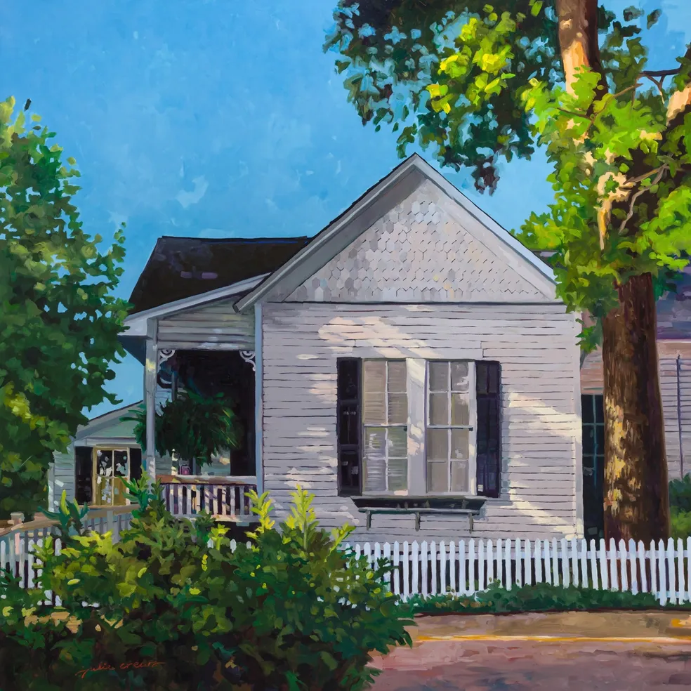 An oil painting of a house on a sunny day.