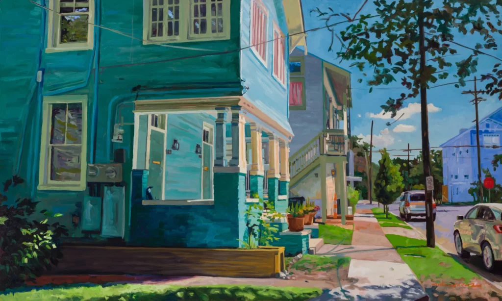 An oil painting of a building exterior on a sunny day.
