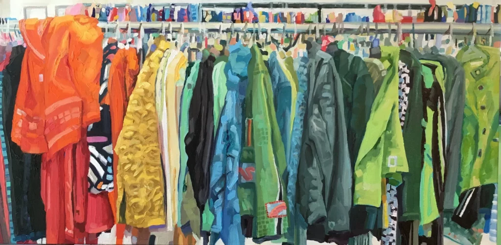 Oil painting of clothes hanging in a closet.