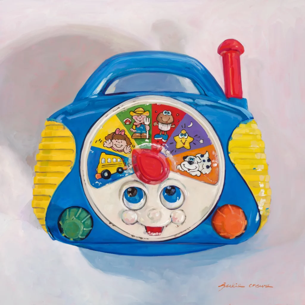 Oil painting of a toy radio.