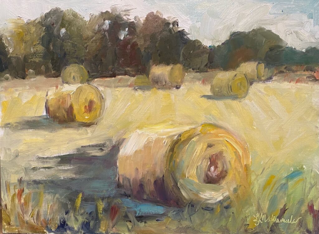 Impressionist painting of a field with hay bales.