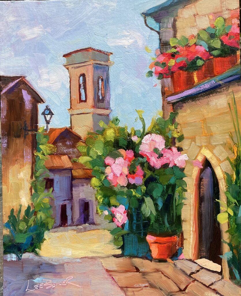 A painting of a town scene outdoors on a sunny day.