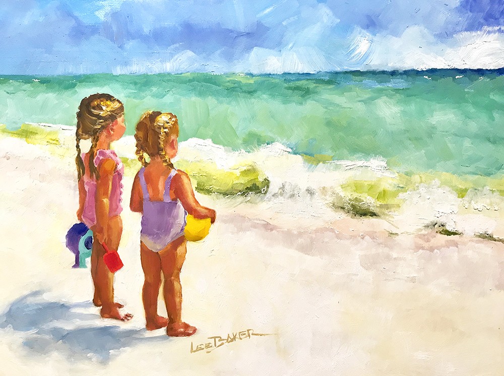 A painting of two young girls at the beach.