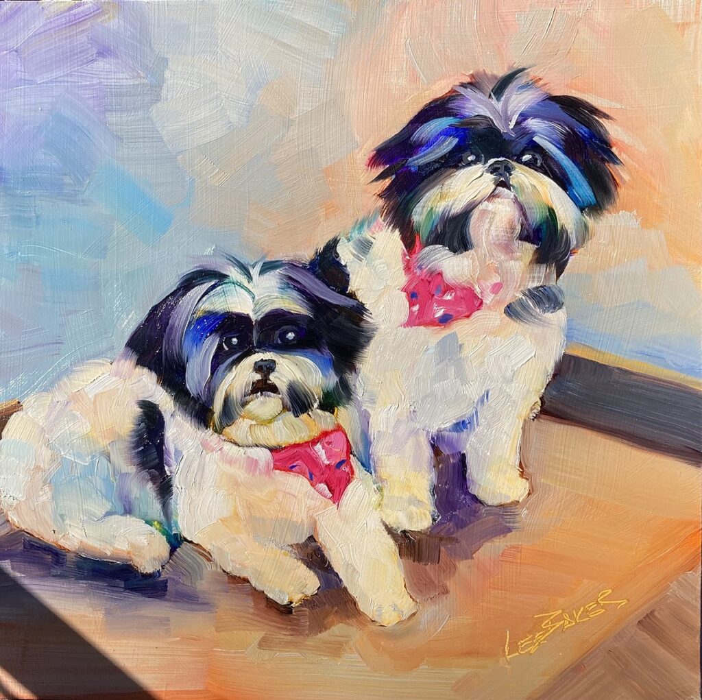 A painting of two small black and white dogs.