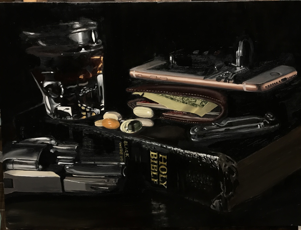 Still life painting of bible and other items.