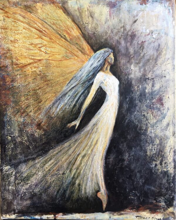 An expressionist-style painting of a winged woman.