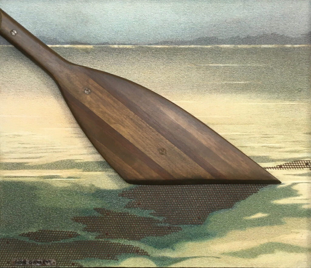 Colored pencil and found object mixed media image of an oar dipped in water.