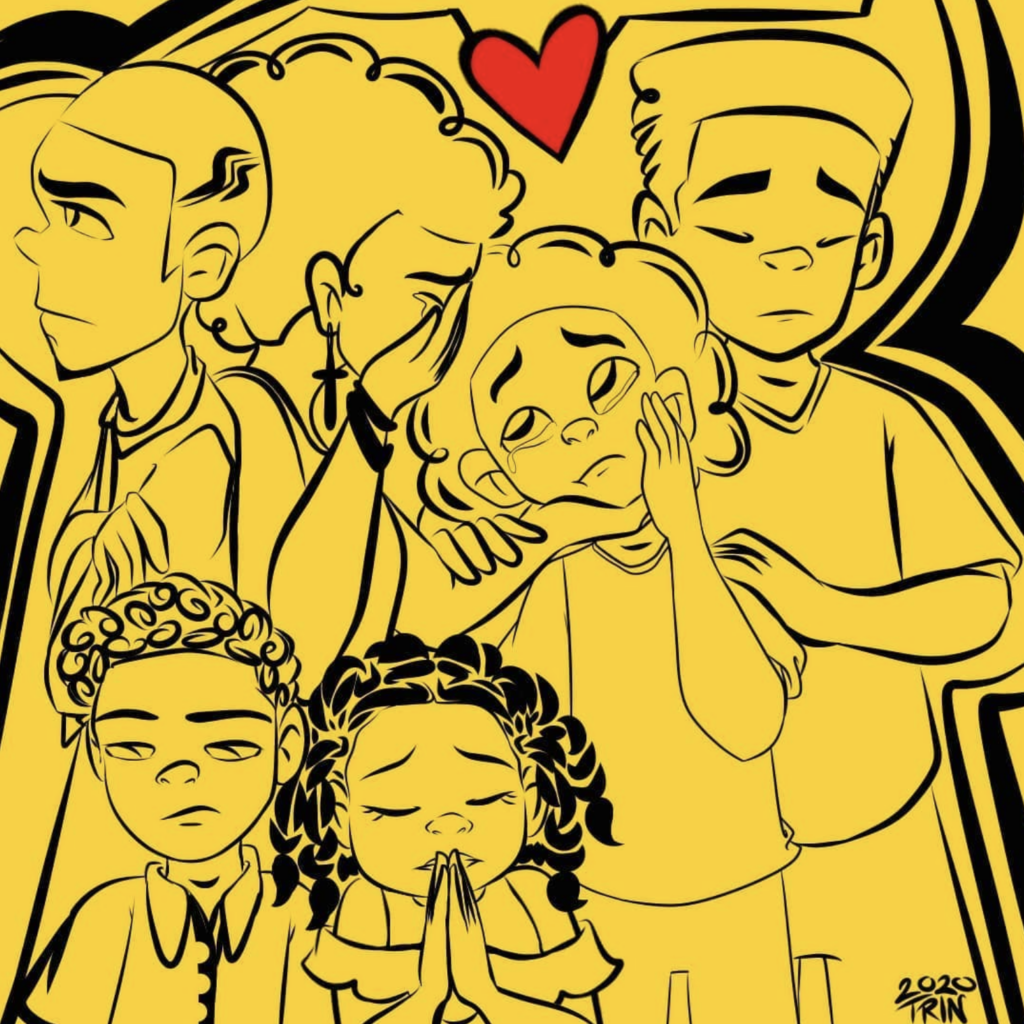 A yellow and black illustration of people grieving.
