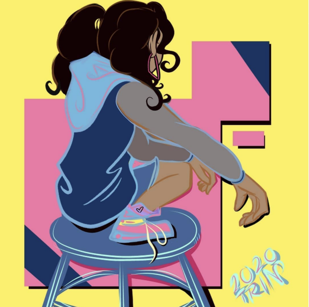 An illustration of a girl wearing a hoodie, squatting on a stool.