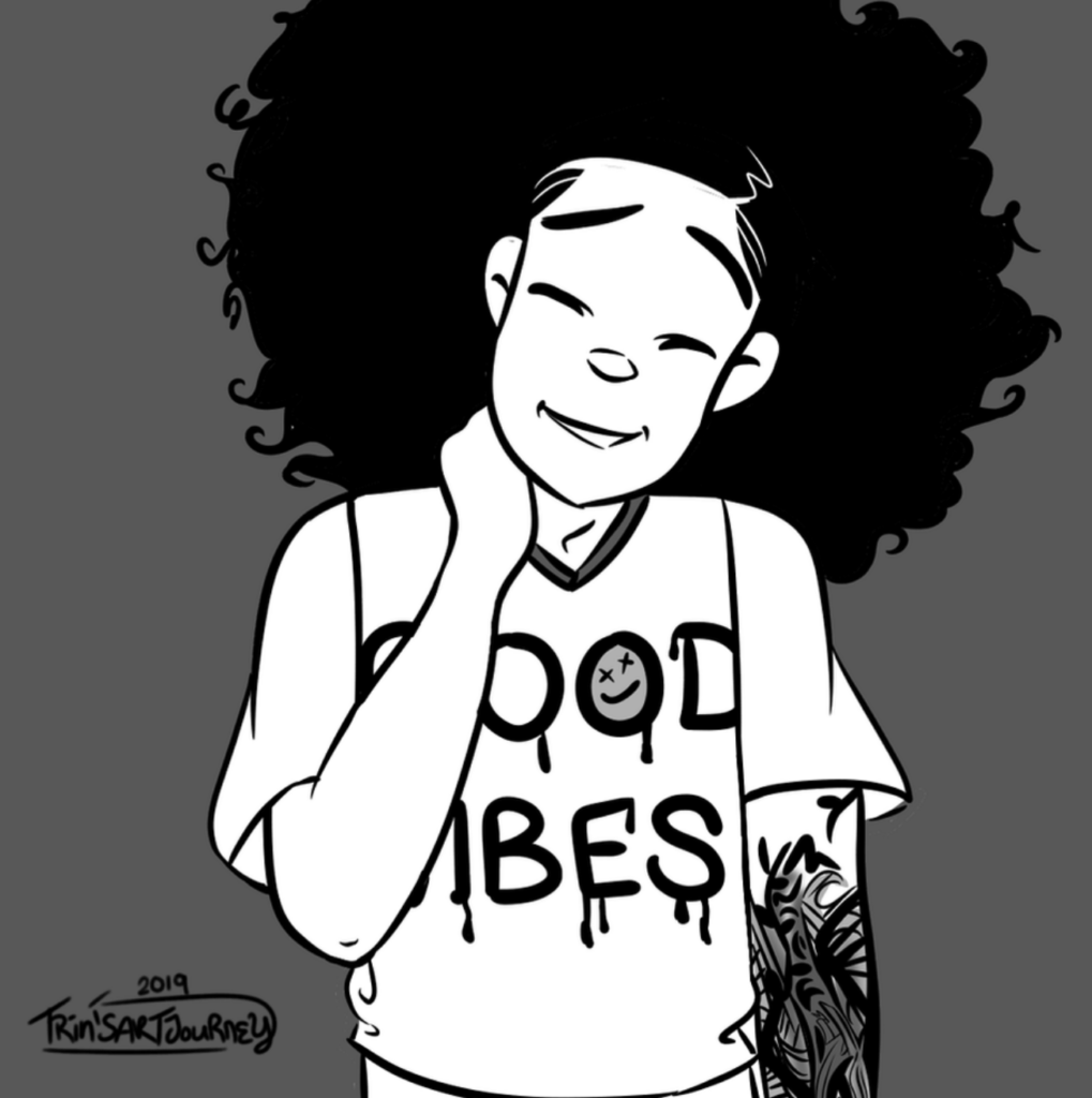 A black and white illustration of a girl wearing a shirt that says "Good Vibes"