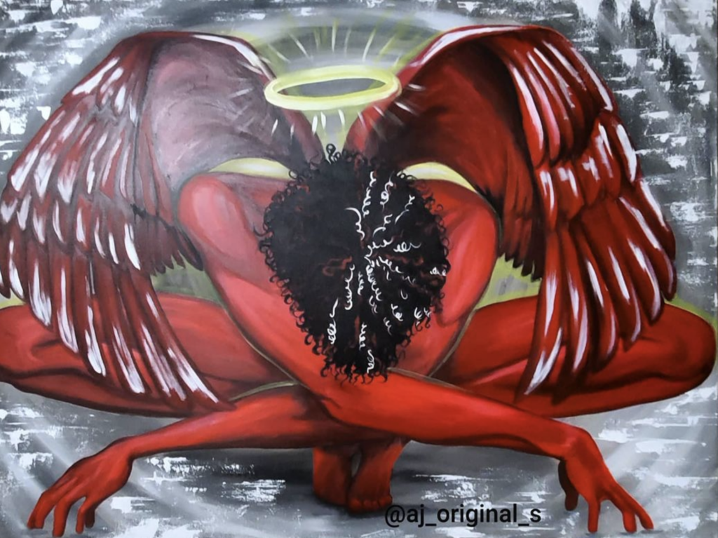 A painting of a mourning red angel.