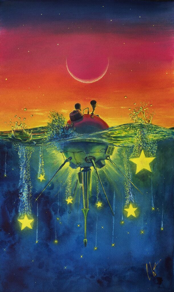 An illustration of children boating in a starry sea.