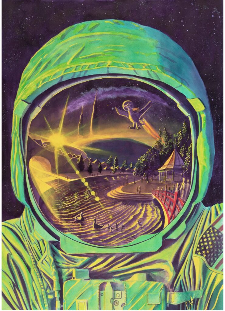 An illustrated astronaut portrait with a scene reflected in his visor.