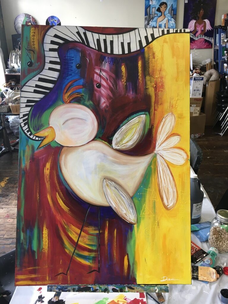 A painting of a joyous, musical bird.