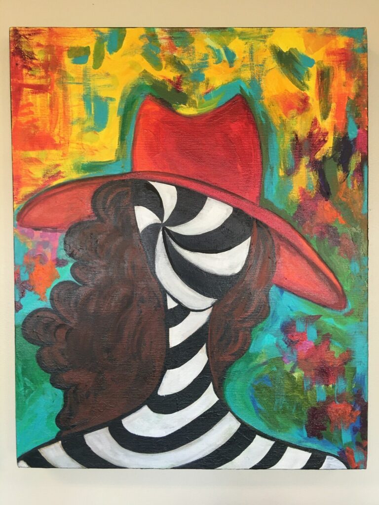 A painting of an abstract woman in a red hat.
