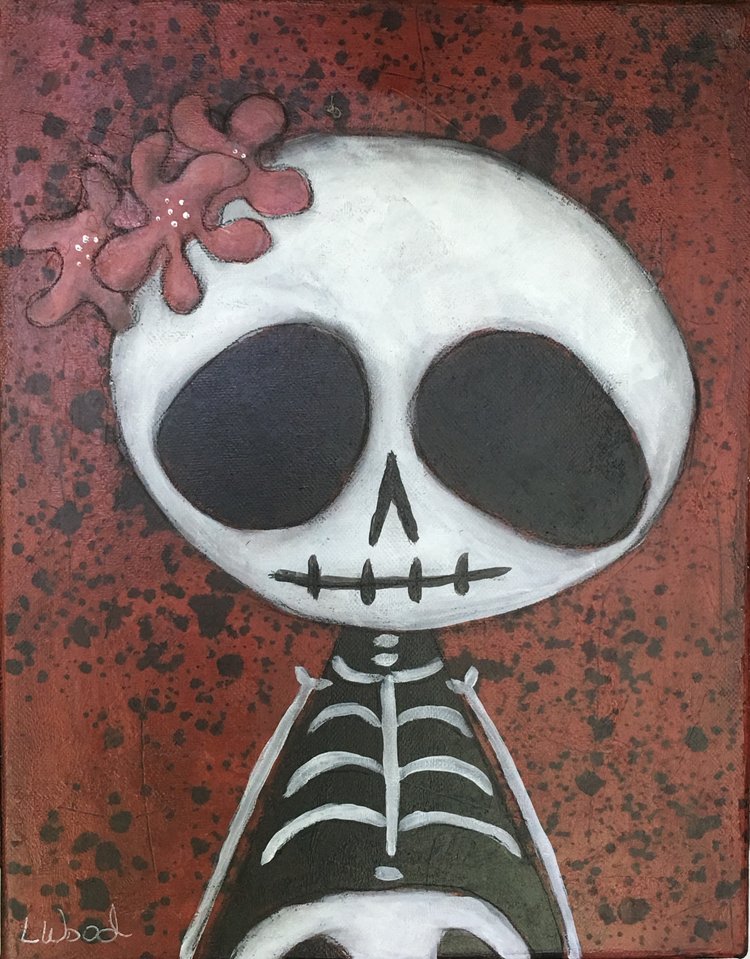 A painting of a skeleton girl.
