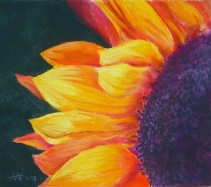 A painting of a close-up of a sunflower.
