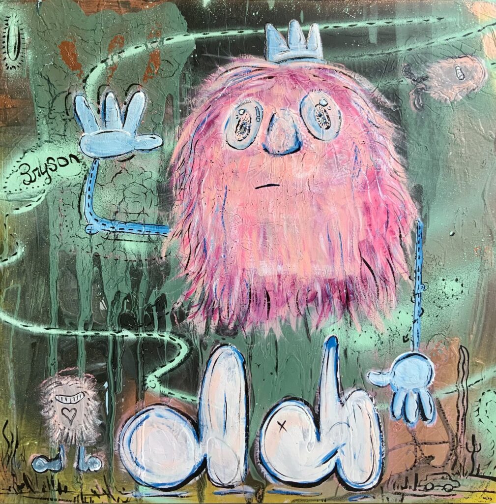 Painting of a fuzzy pink monster by Bryson Thurston.