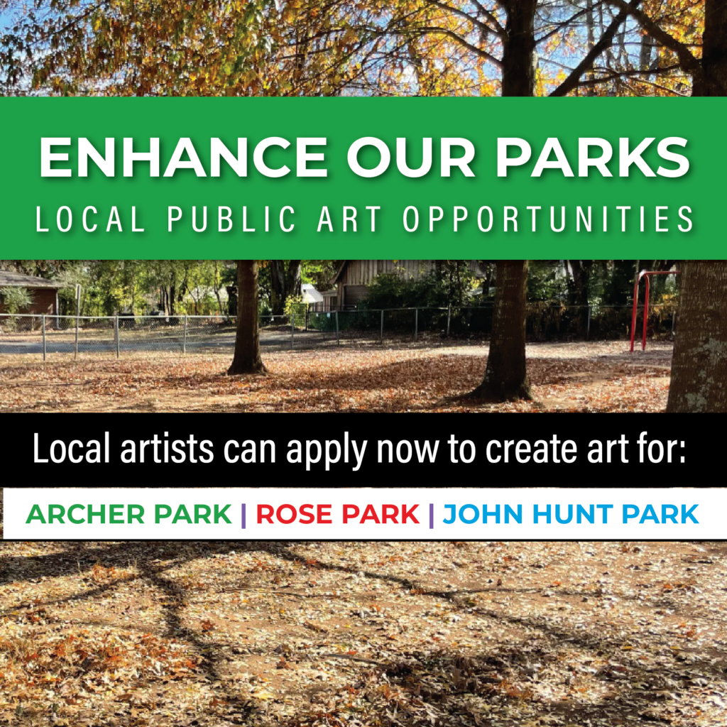 A graphic featuring a local artist opportunity for public art in Huntsville city parks.