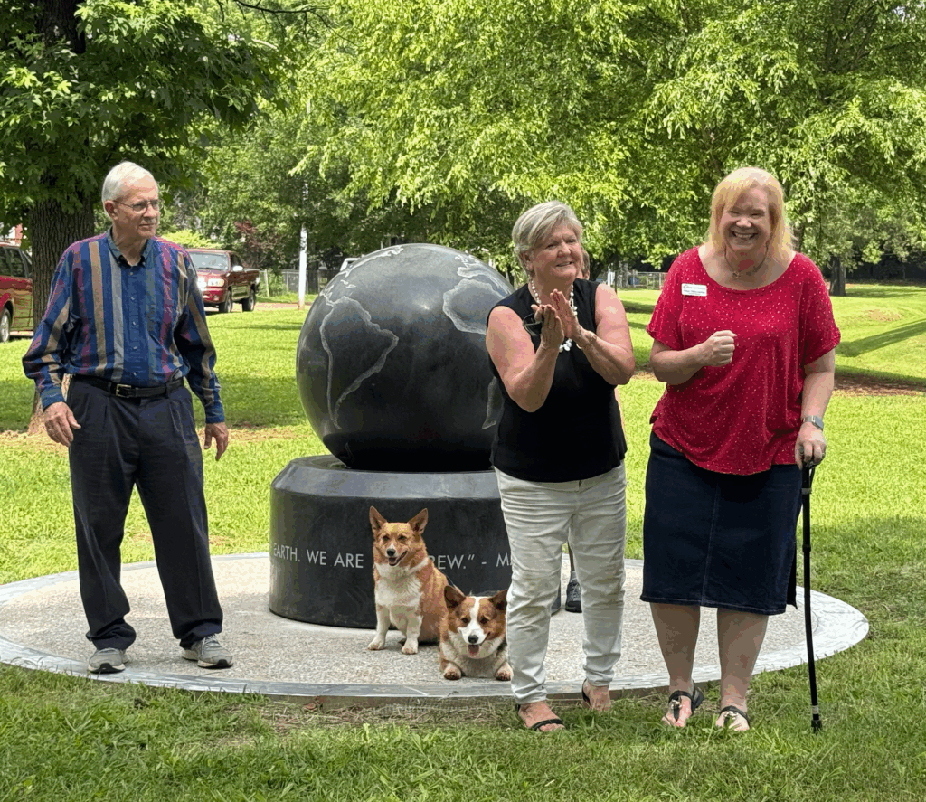 Bill Kling, Deborah Barnhart, and Allison Dillon-Jauken with Earth Sphere public art