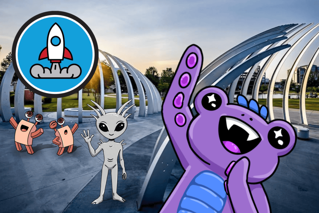 Aliens in front of a public sculpture