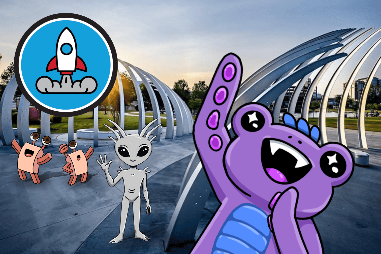 Aliens in front of a public sculpture